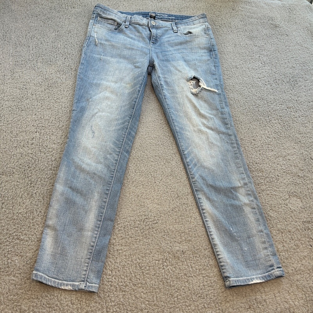 Gap Jeans Womens‎ Girlfriend Sz 8/29R Blue Coupe Mid Rise Demin Distressed